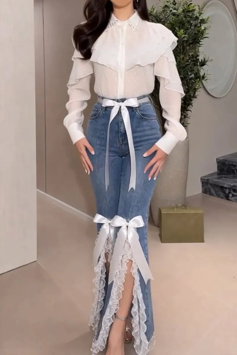 Women's Elegant Sweet Bow Mesh Hem Jeans