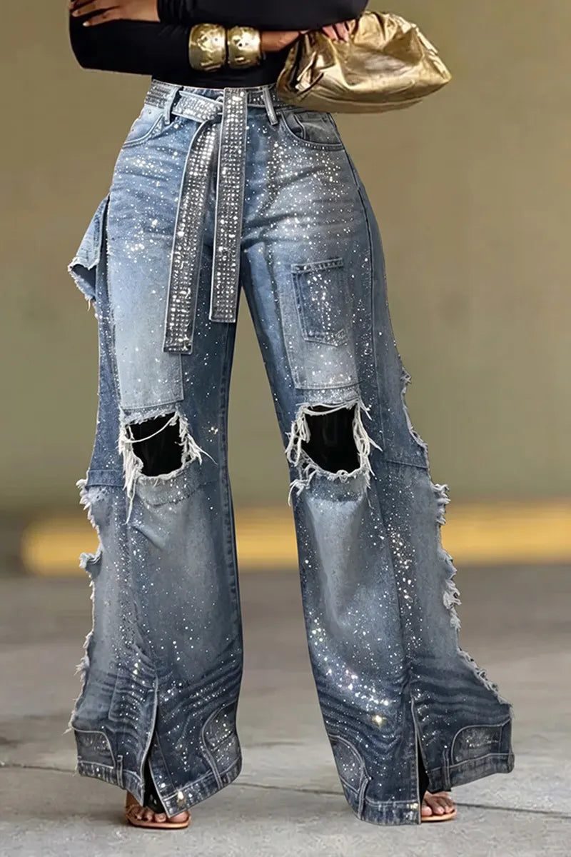 Women Full Rhinestone Embellished Distressed Ripped Raw Fringe Layer Split Wide Leg Flare Denim Jeans