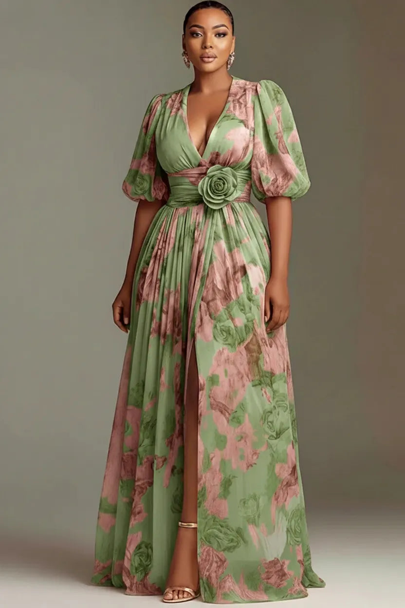Wedding Guest Peach Floral V Neck Puff Sleeve Short Sleeve 3D Split Chiffon Maxi Dresses
