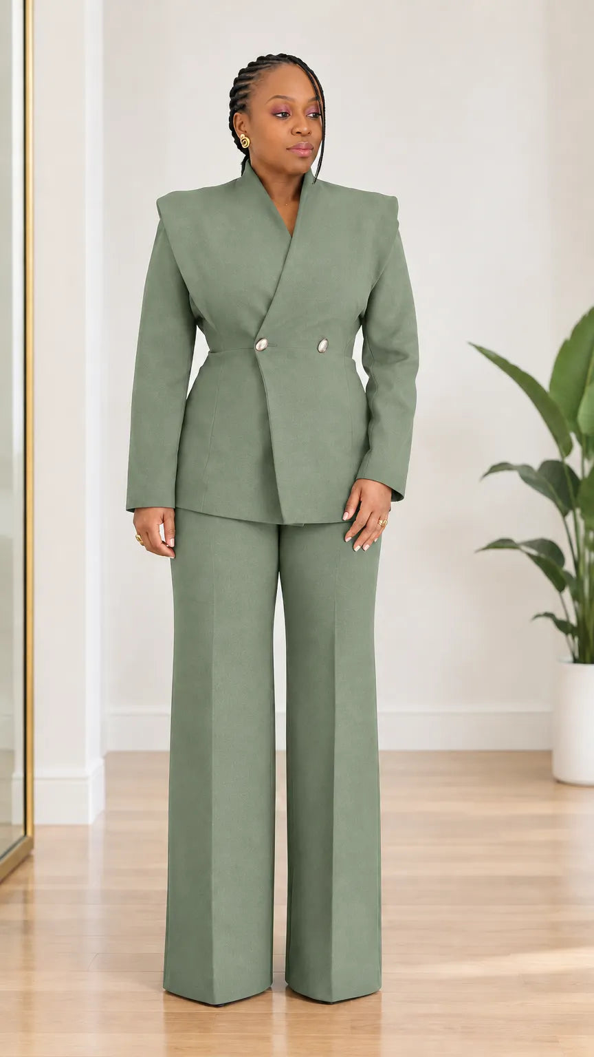 Women's Sculpted Collar Double-Breasted Blazer and Wide-Leg Pants 2-Piece Suit Set