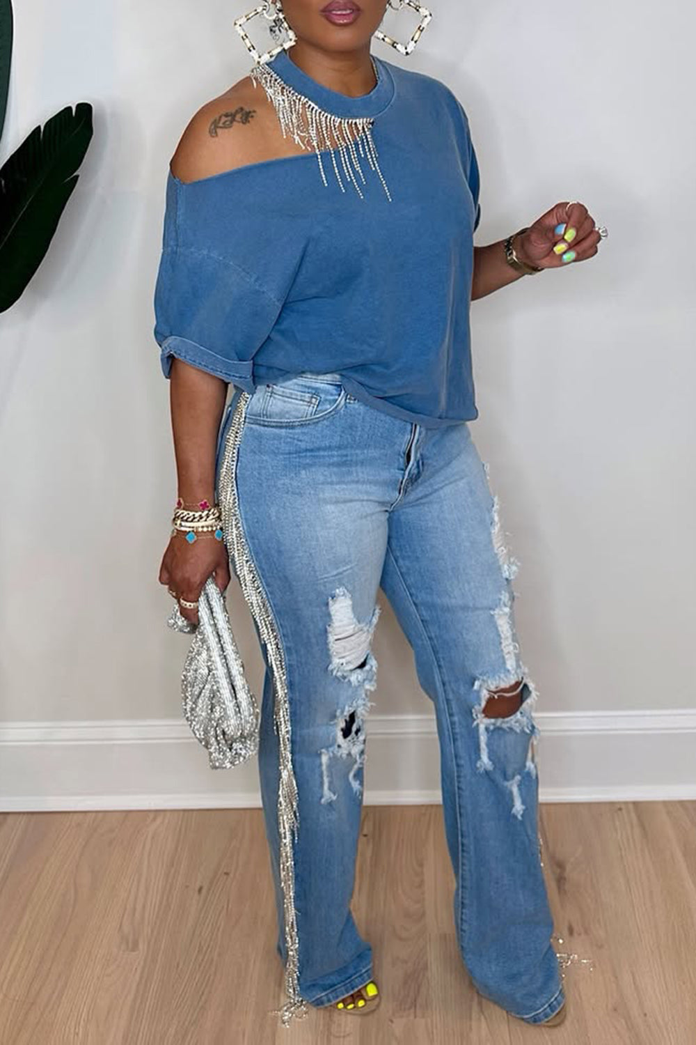 Plus Size Party Blue Casual Strappy Distressed Denim Jeans