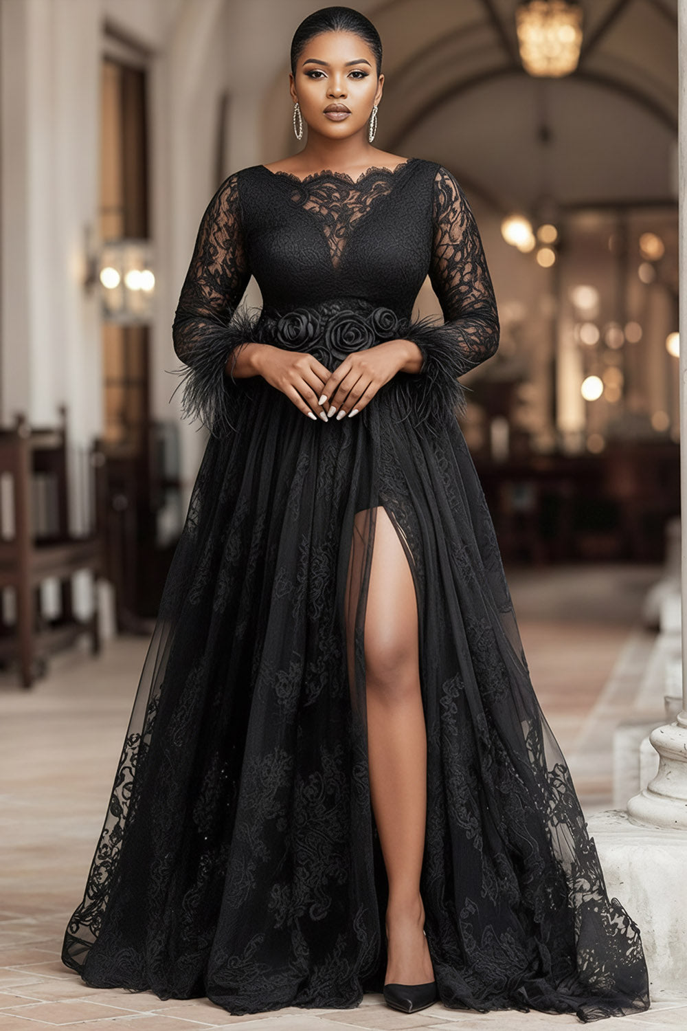 Black Boat Neck Long Sleeve 3D Elegant Feather Lace Maxi Dresses