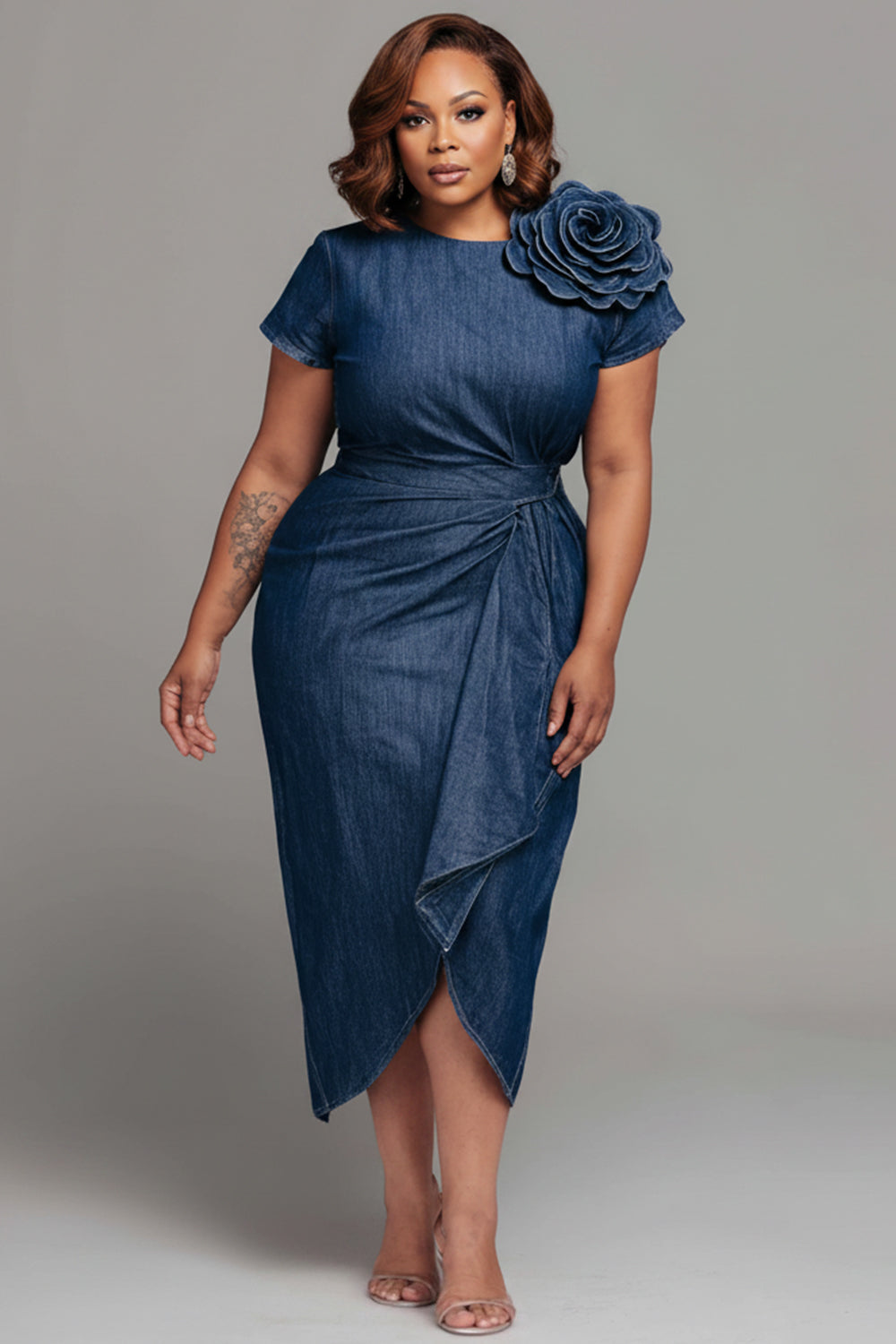 Xpluswear Design Plus Size Business Casual Blue Round Neck Short Sleeve 3D Fold Tencel Denim Midi Dresses