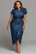 Xpluswear Design Plus Size Business Casual Blue Round Neck Short Sleeve 3D Fold Tencel Denim Midi Dresses