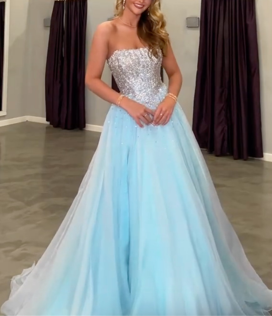 Light Blue Strapless Sequin Corset Maxi Dress - Tulle A-Line Formal Ball Gown for Women