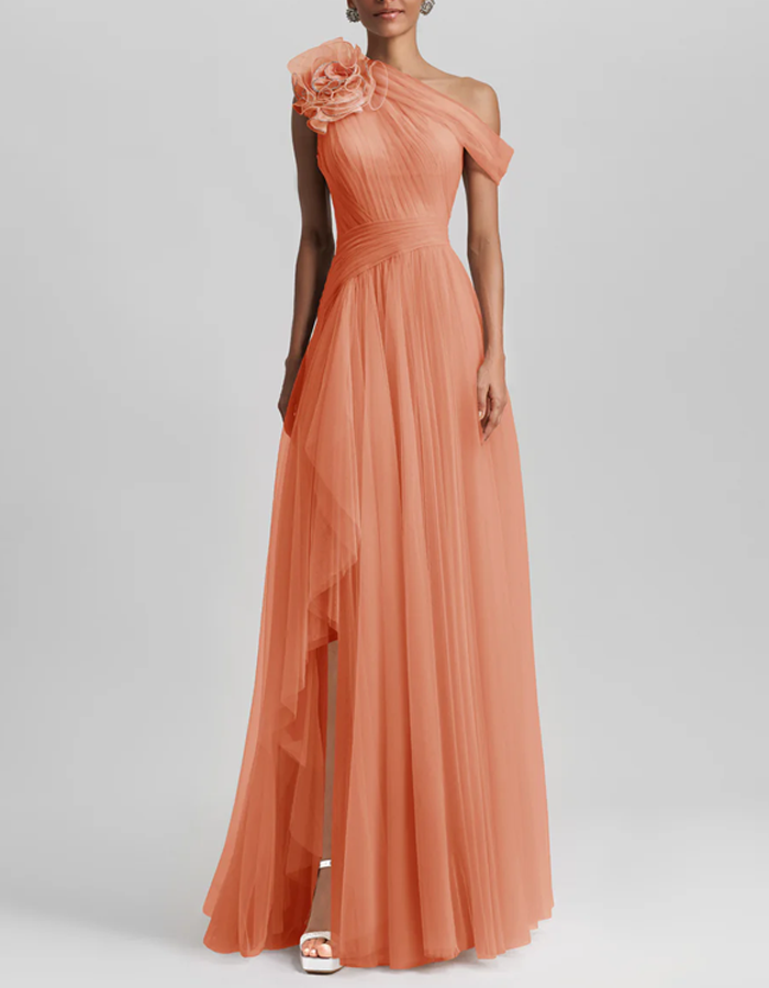 One-Shoulder Ruffled High-Slit Maxi Dress