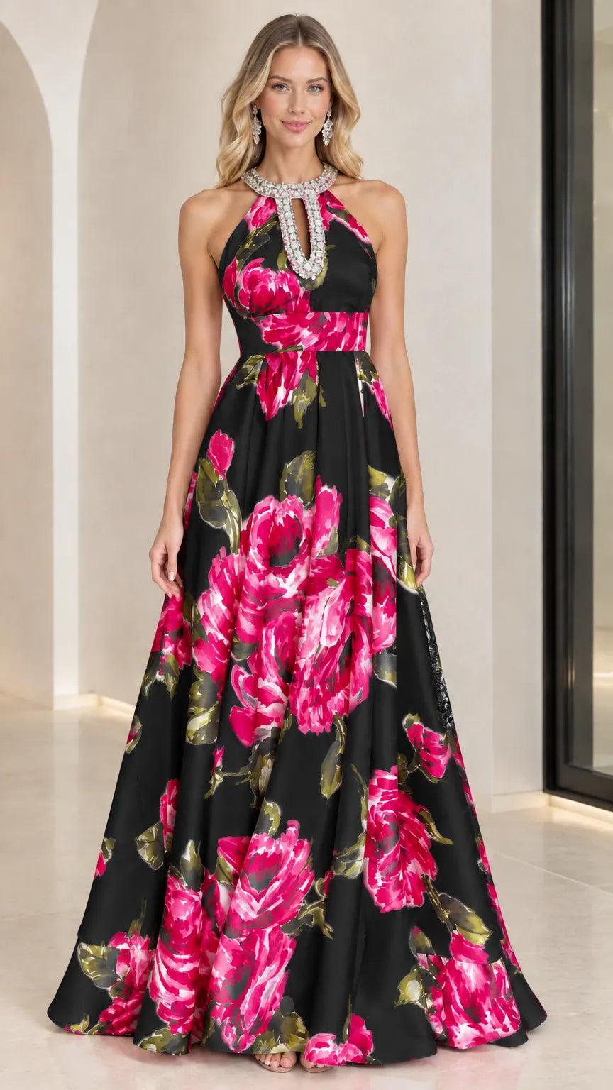 Floral Print Rhinestone Halter Neck A-Line Maxi Evening Gown