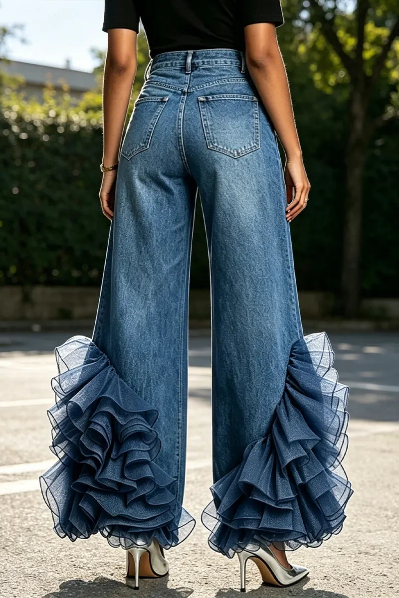 Women's Denim Washed Cascading Ruffles Trim Pocket High Waist Wide Leg Jeans