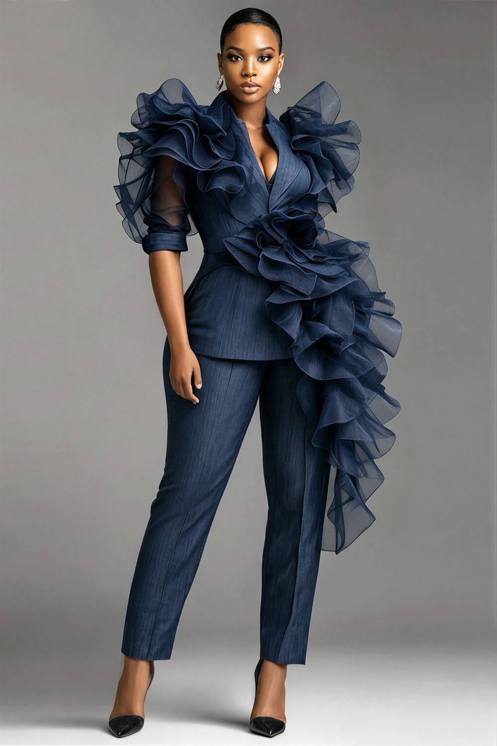Cocktail Party Elegant Blue Turndown Collar Short Sleeve 3D Pocket Two Piece Pant Suits