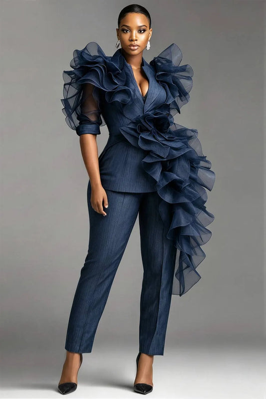 Cocktail Party Elegant Blue Turndown Collar Short Sleeve 3D Pocket Two Piece Pant Suits