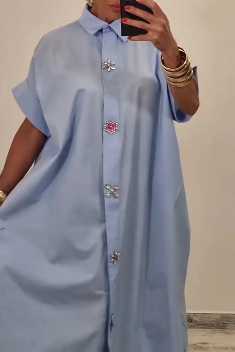 Women's Casual Rhinestone Button Decorative Loose Shirt Dress