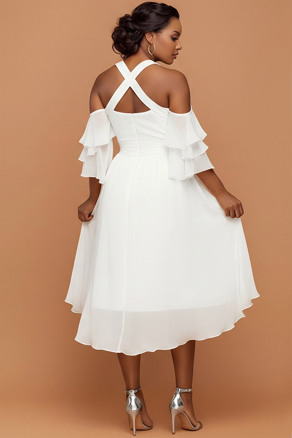 Vacation White Halter Collar Cold Shoulder Short Sleeve Cut Out Ruffle Chiffon Midi Dresses