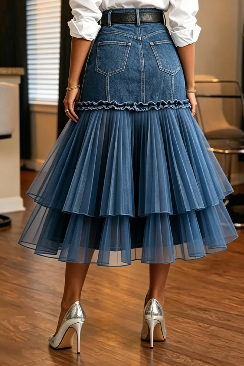 Women's Elegant Double Layer Mesh Hem Fishtail Denim Skirt