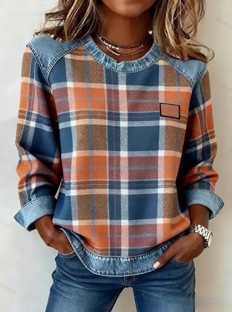 Women'S Casual Round Neck Denim Patchwork Plaid Print Pullover Sweatshirt