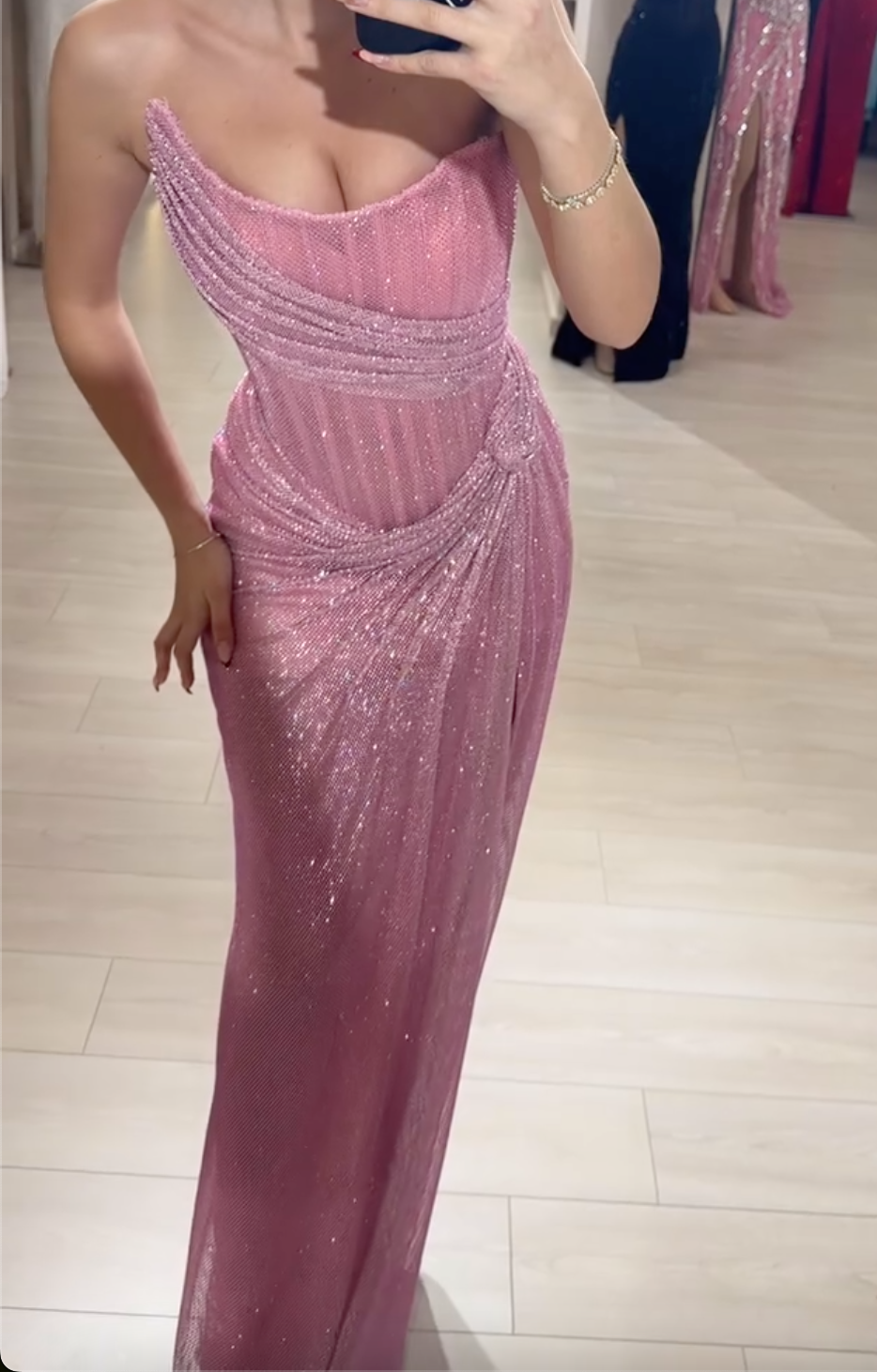Blush Pink Lace Strapless Mermaid Evening Maxi Dress with High Slit & Glitter Detailing