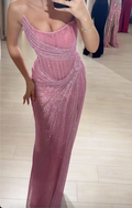 Blush Pink Lace Strapless Mermaid Evening Maxi Dress with High Slit & Glitter Detailing