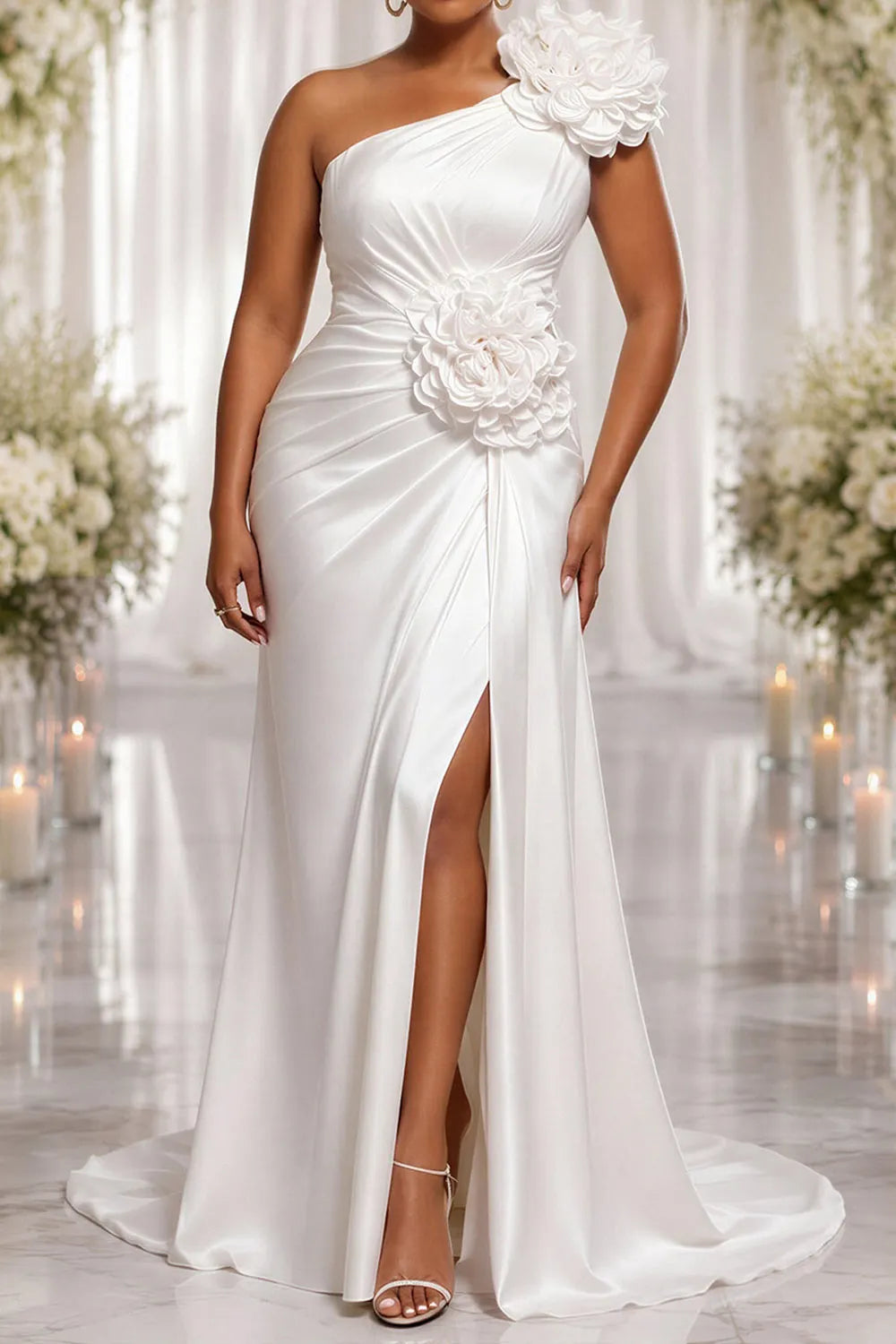 Wedding White Oblique Collar One Shoulder 3D Split Satin Maxi Dresses [Pre-Order]