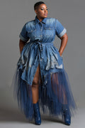 Xpluswear Design Plus Size Party Tulle Blue Shirt Collar Short Sleeve Ripped Pocket Denim Midi Dresses