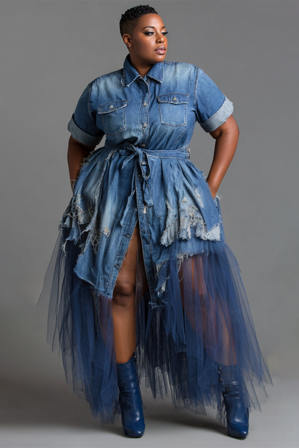 Xpluswear Design Plus Size Party Tulle Blue Shirt Collar Short Sleeve Ripped Pocket Denim Midi Dresses