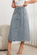 Classic Figure-Flattering Denim Skirt with Elegant Waist Tie