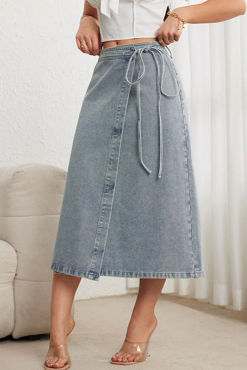 Classic Figure-Flattering Denim Skirt with Elegant Waist Tie