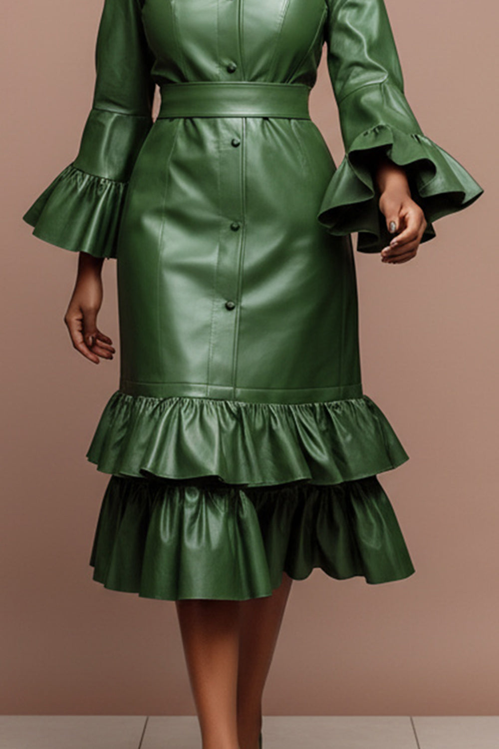 Business Casual Green Shirt Collar Flare Long Sleeve Ruffle Elegant Bodycon PU Leather Midi Dresses