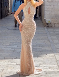 Champagne High Neck Crystal Embellished Mermaid Maxi Dress - Formal Evening Gown for Women