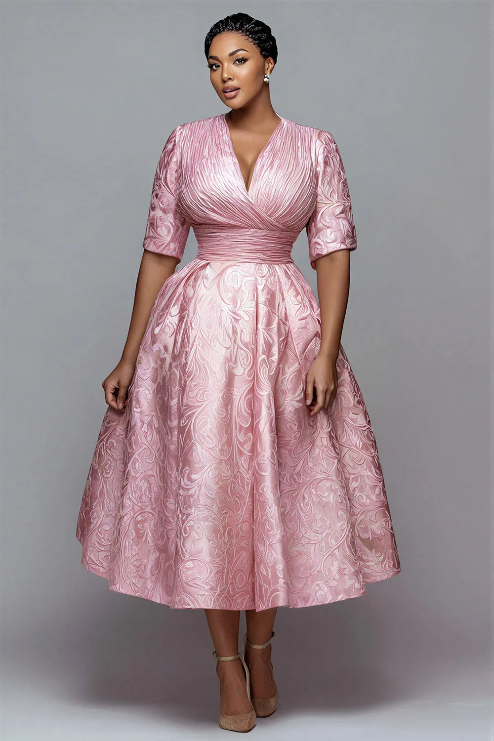 Cocktail Party Elegant Pink Round Neck Short Sleeve Pocket Midi Dresses