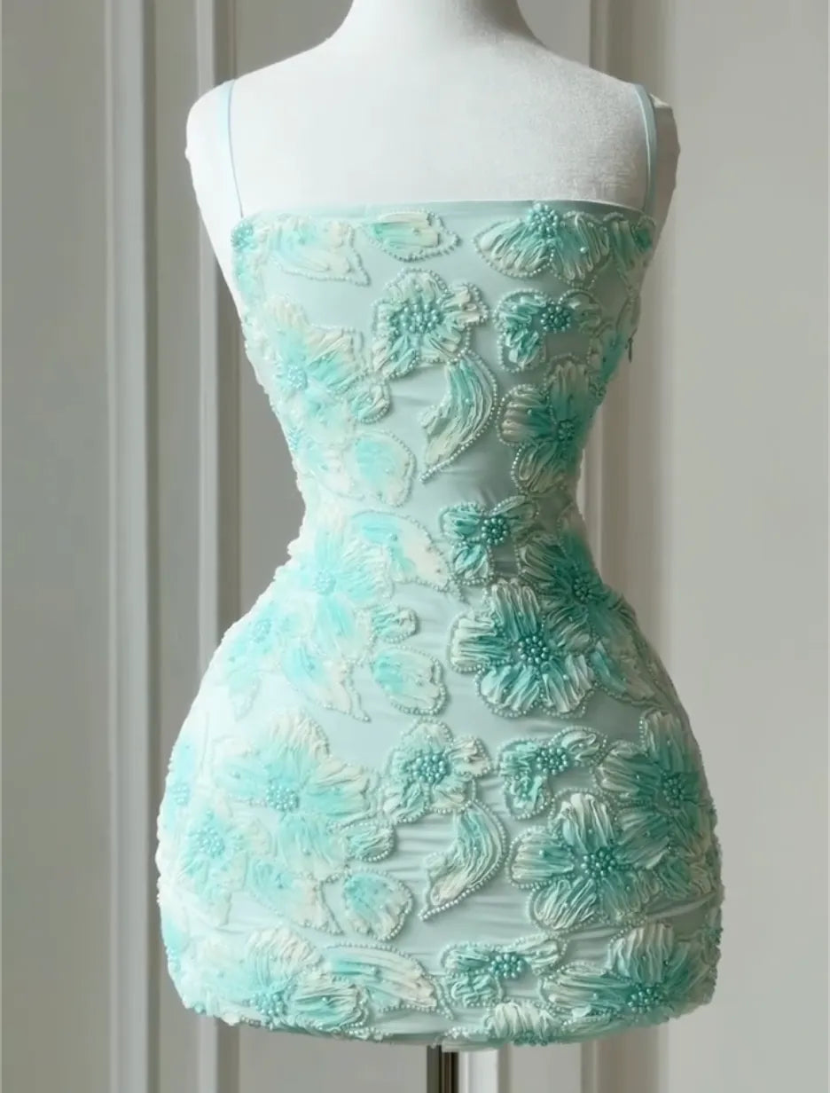 Square Neck Thin Strap 3D Floral Beaded Mermaid Dress, Mini & Maxi Length, Multi-Color Evening Party Gown