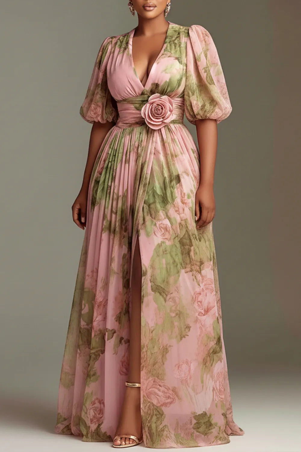 Wedding Guest Peach Floral V Neck Puff Sleeve Short Sleeve 3D Split Chiffon Maxi Dresses