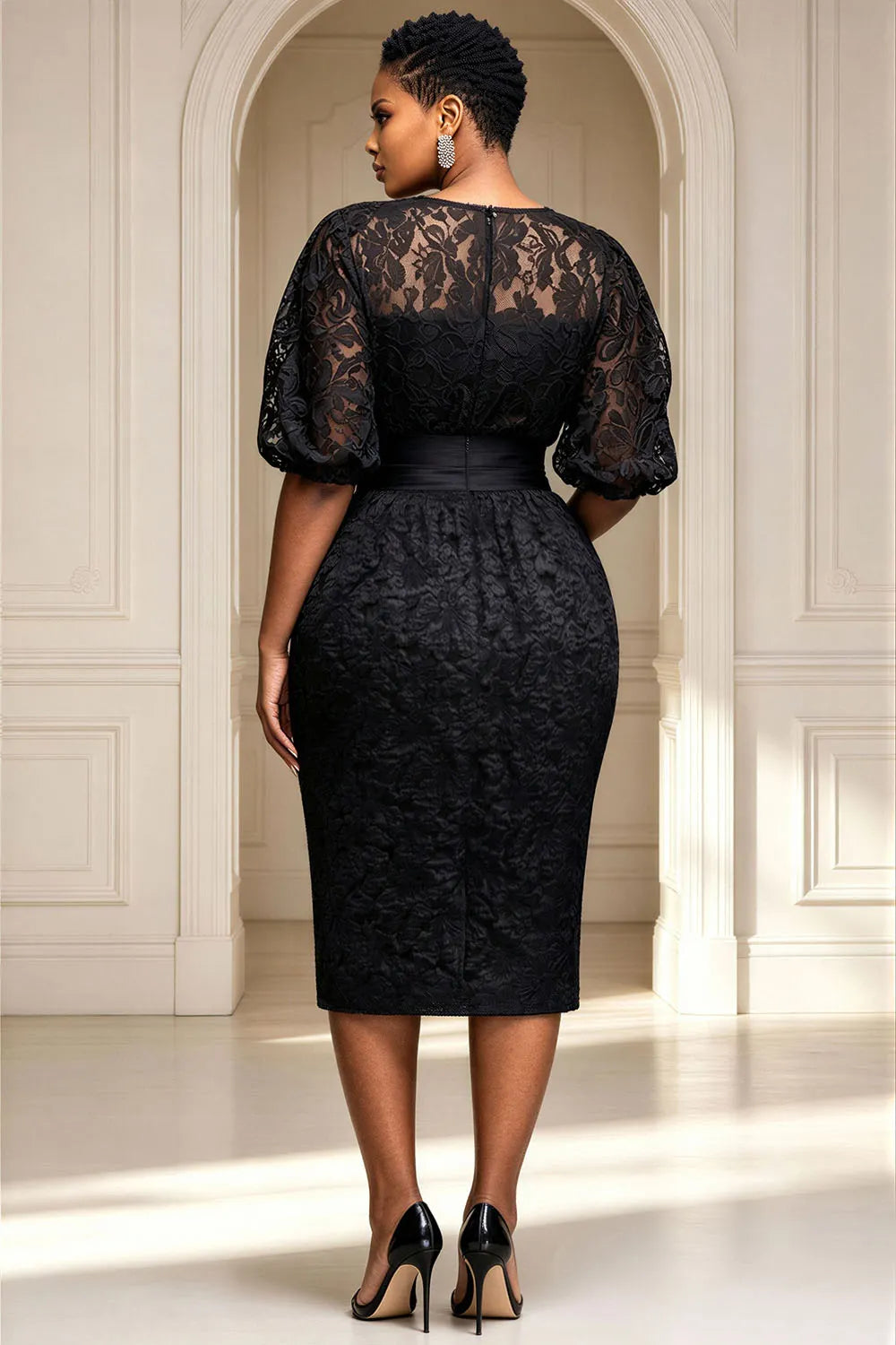 Party Satin Black Round Neck Half Sleeve Pocket See Through Lace Midi Dresses [Pre-Order]