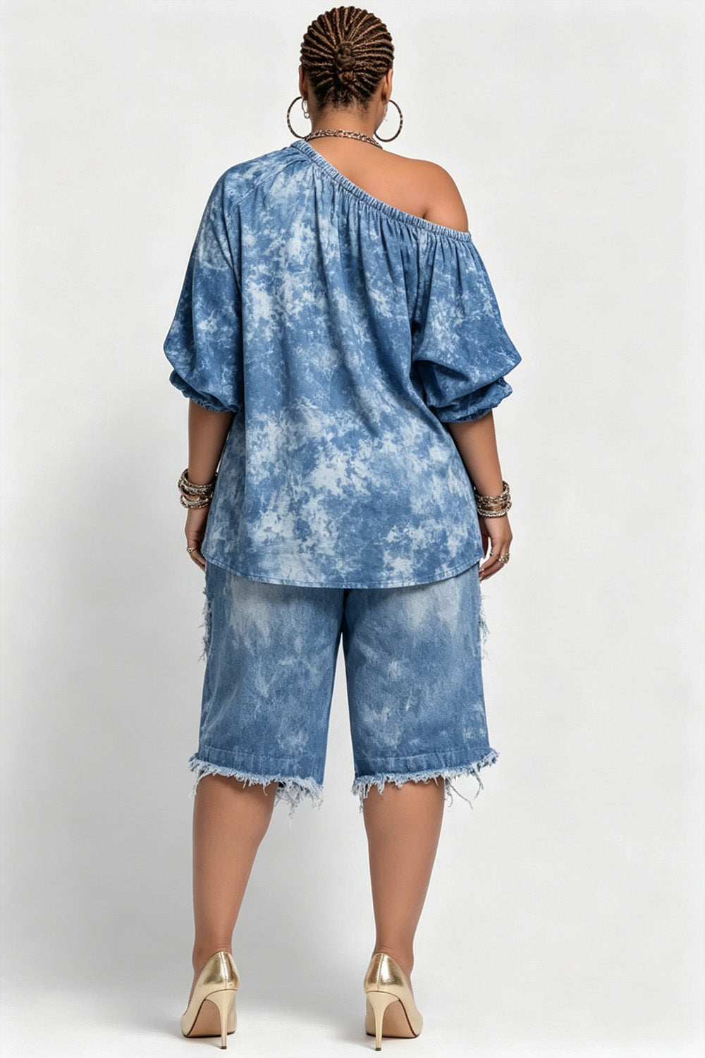Xpluswear Design Plus Size Party Light Blue Oblique Collar Puff Sleeve Short Sleeve Distressed Pocket Denim Two Piece Short Sets