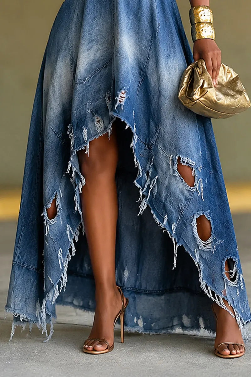Ladies' Hot Selling Casual Ripped Denim Dress
