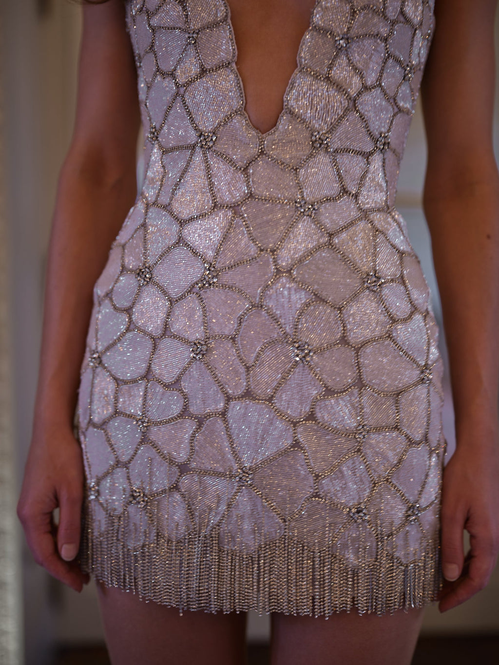 Silver Scale-Pattern Halter Mini Dress with Fringe Hem & Deep V Neck