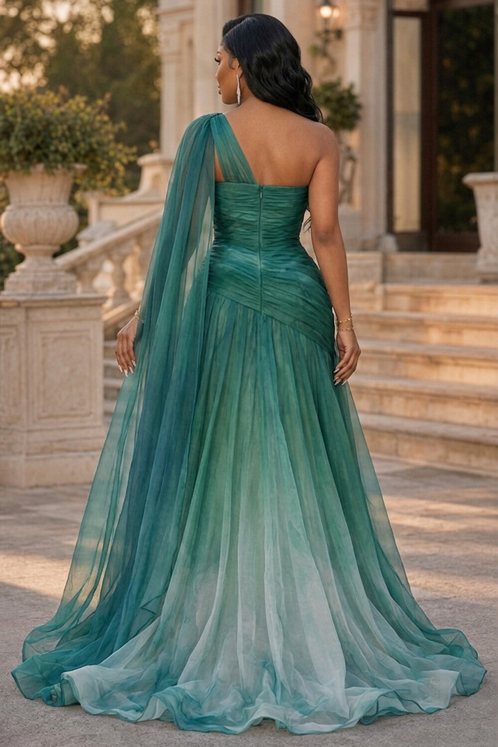 Ombre Oblique Collar Long Streamer Ruched Maxi Dresses-Green [Pre Order]