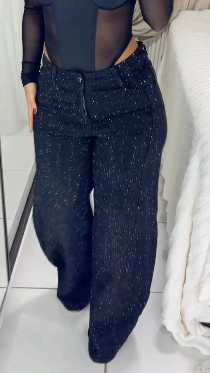 Over Rhinestone Wide Leg Cargo Denim Jeans
