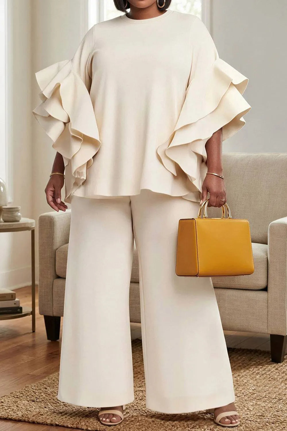 Vacation White Round Neck Flare Short Sleeve Ruffle Wide Leg Two Piece Pant Sets [Pre-Order]