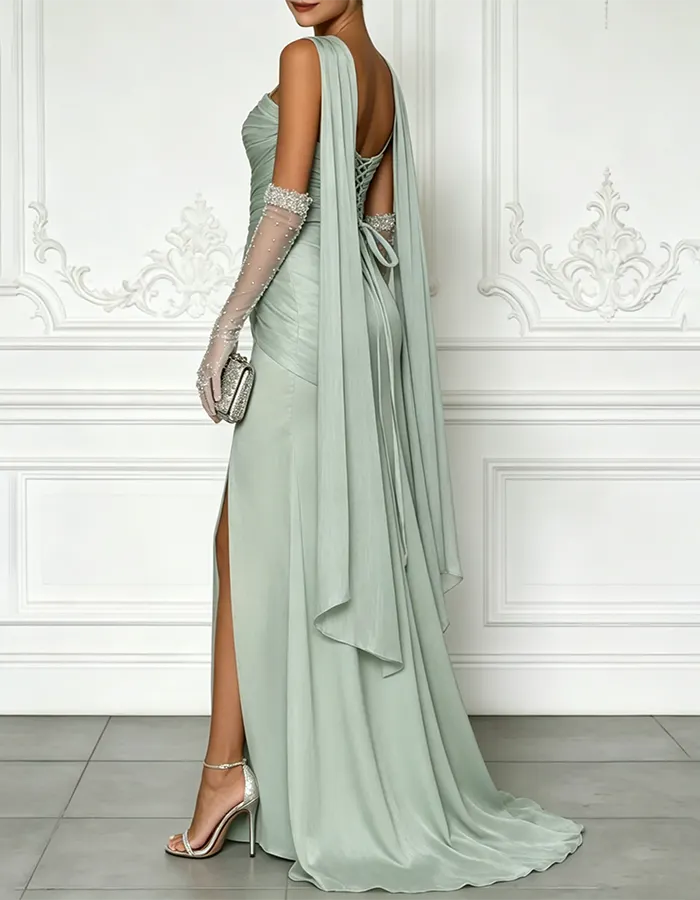 Sage Green Strapless Chiffon Draped Shawl Maxi Dress