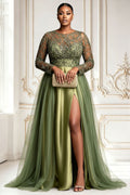 Tulle Sage Green Round Neck Long Sleeve Split Contrast Satin Maxi Dresses