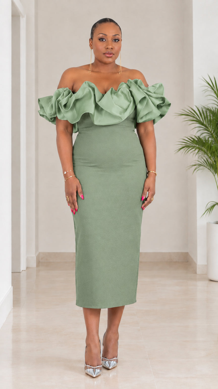 Off-The-Shoulder Ruffle Midi Dress with Satin Accent