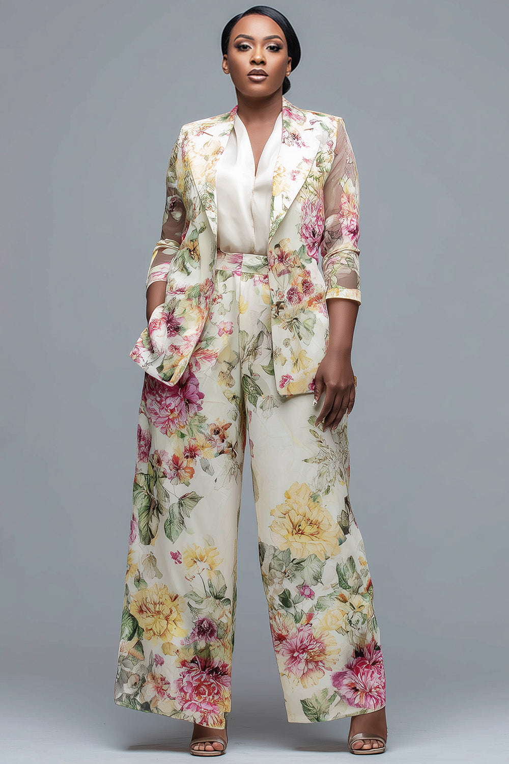 Beige Floral Lapel Collar 3/4 Sleeve See Through Pocket Two Piece Pant Suits