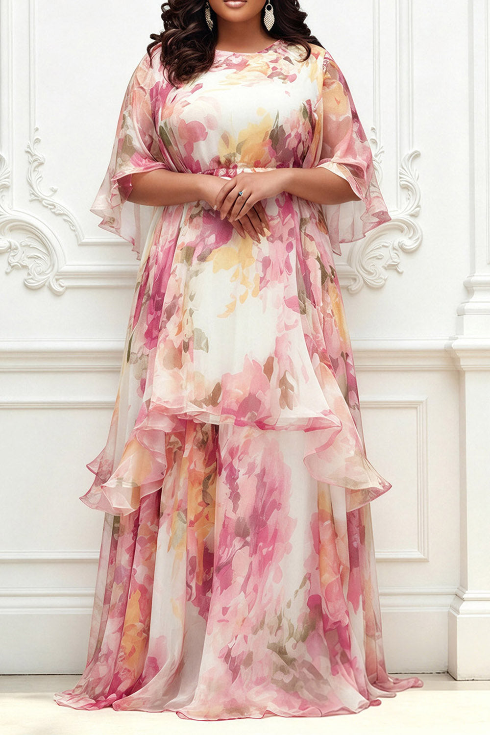 Pink Floral Round Neck Short Sleeve Ruffle Chiffon Maxi Dresses