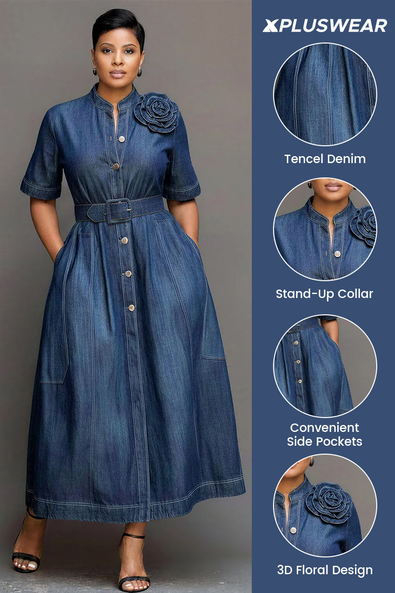 Xpluswear Design Plus Size Business Casual Casual Blue Stand-Up Collar Short Sleeve 3D Pocket Tencel Denim Maxi Dresses