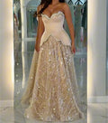 Strapless Sweetheart Satin Corset Sequin A-Line Evening Gown, Champagne Rhinestone Trim Peplum Formal Wedding Guest Maxi Dress