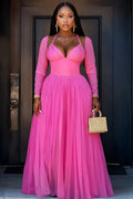 Halter Long Sleeve Semi-Sheer Mesh Party Maxi Dresses-Fuchsia [Pre Order]