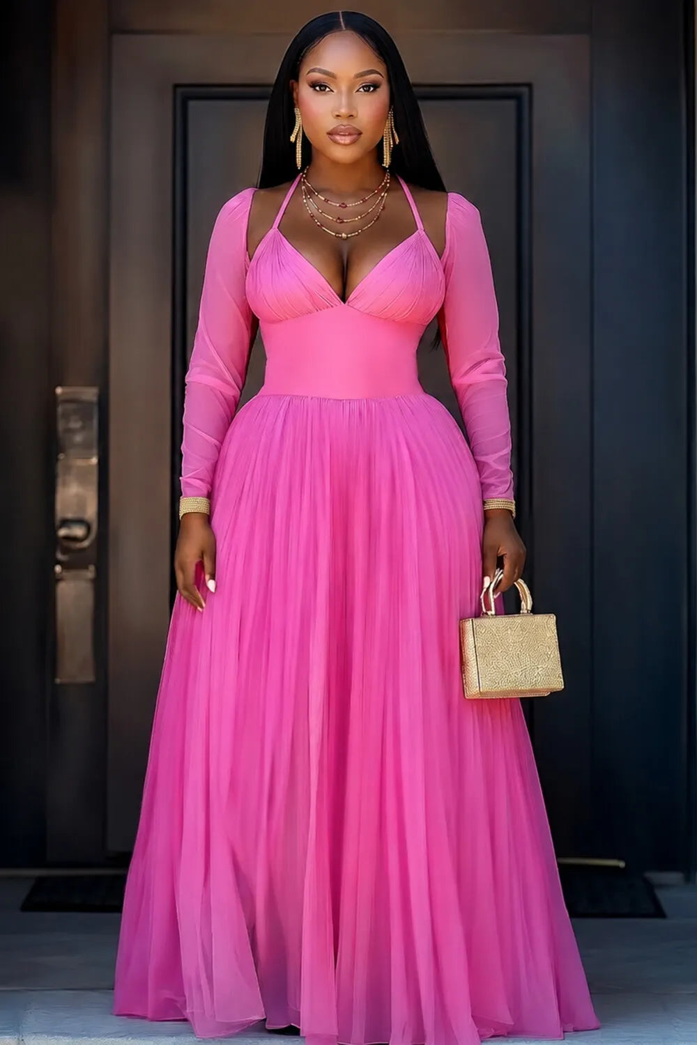 Halter Long Sleeve Semi-Sheer Mesh Party Maxi Dresses-Fuchsia [Pre Order]