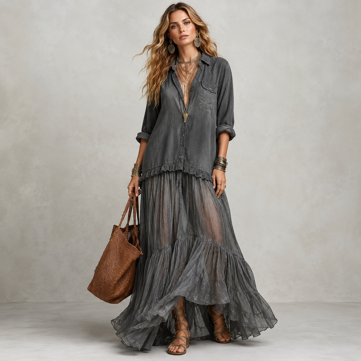 Retro Denim & Organza Patchwork Maxi Dress