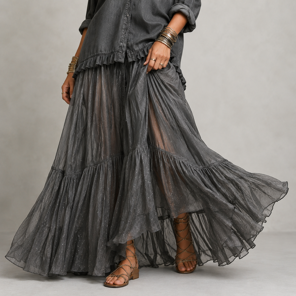 Retro Denim & Organza Patchwork Maxi Dress