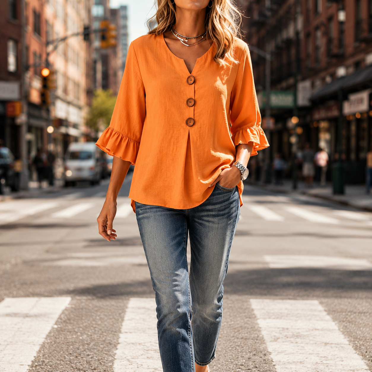 V-Neck Ruffle Sleeve Blouse with Buttons