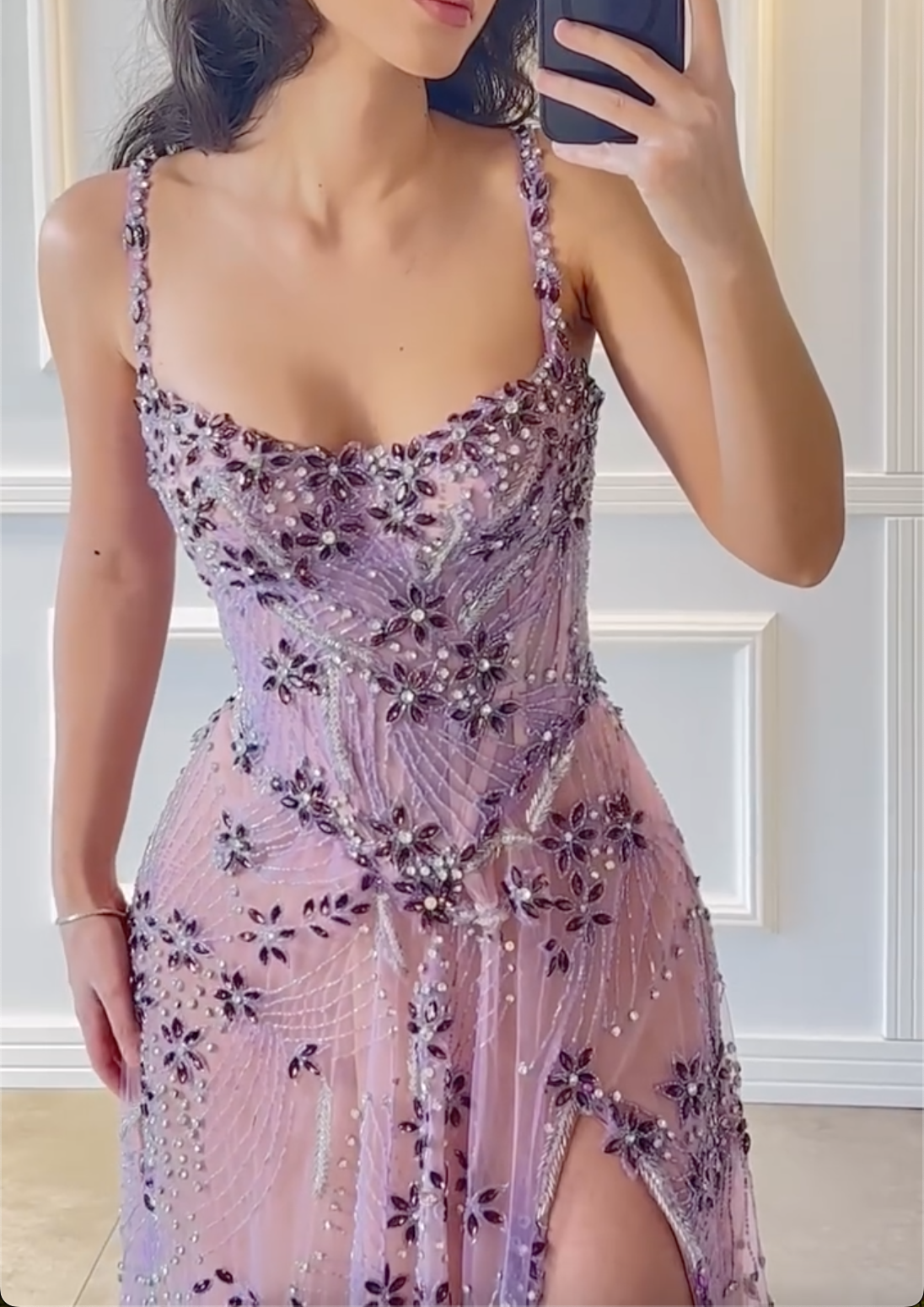Multi-Color Floral Crystal Beaded Spaghetti Strap High Split Tulle Maxi Evening Dress, Formal Prom Pageant Gown